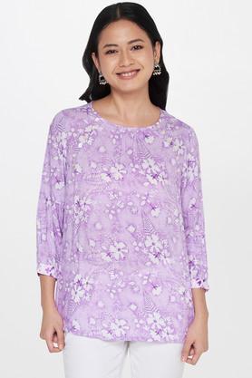 floral viscose round neck women's top - lilac