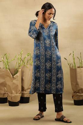 floral viscose v-neck women's festive wear kurta - dark blue