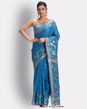 floral woven saree with tassels