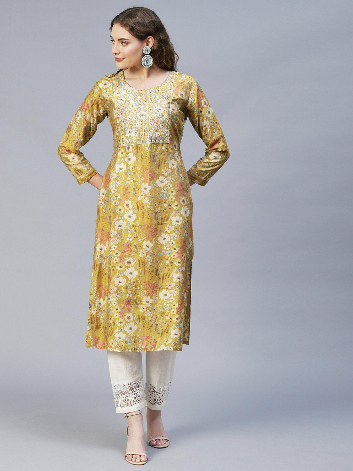 floral & embroidered straight fit kurta mustard