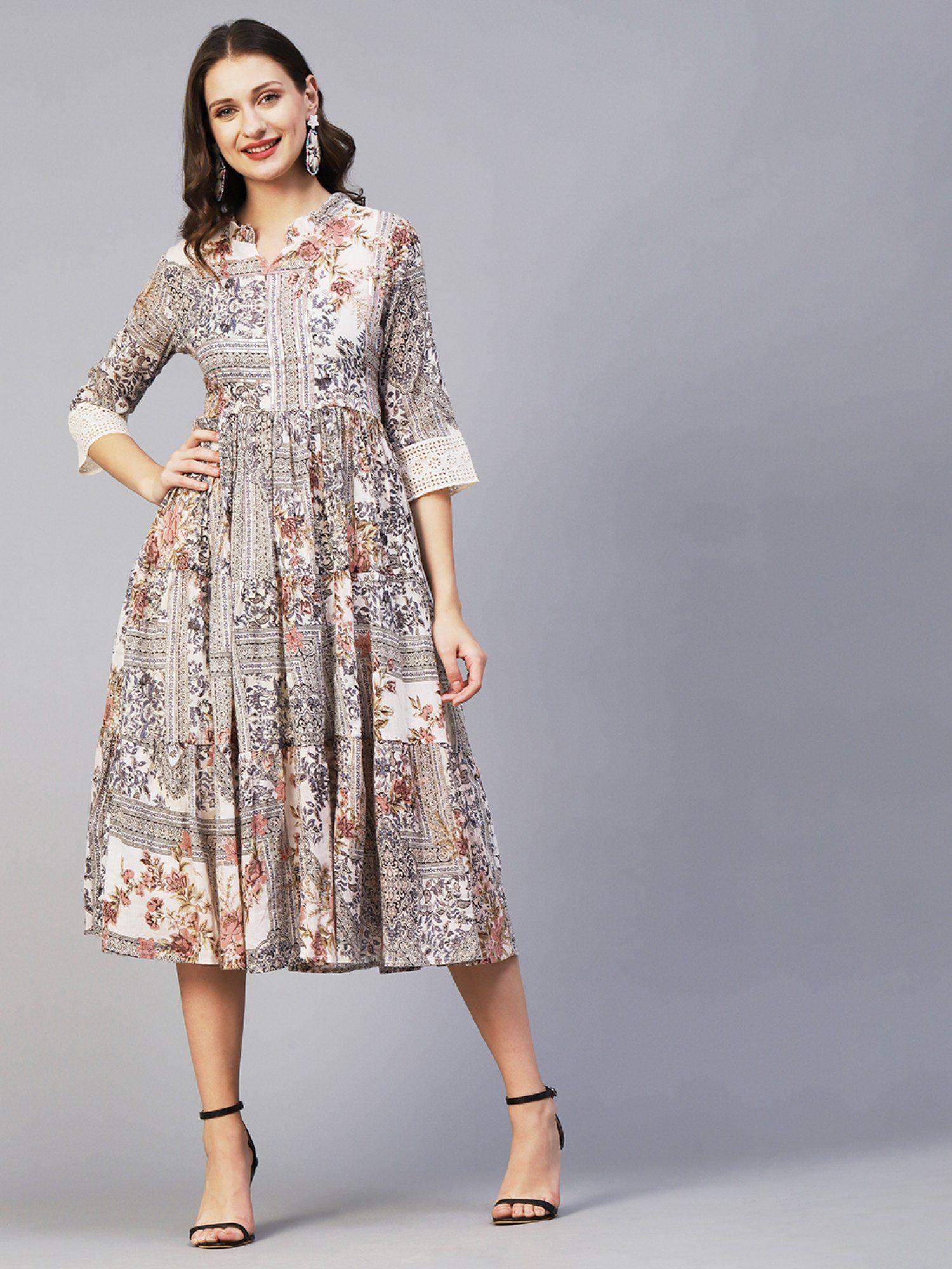 floral & ethnic block printed sequins embroidered tiered midi dress - off white
