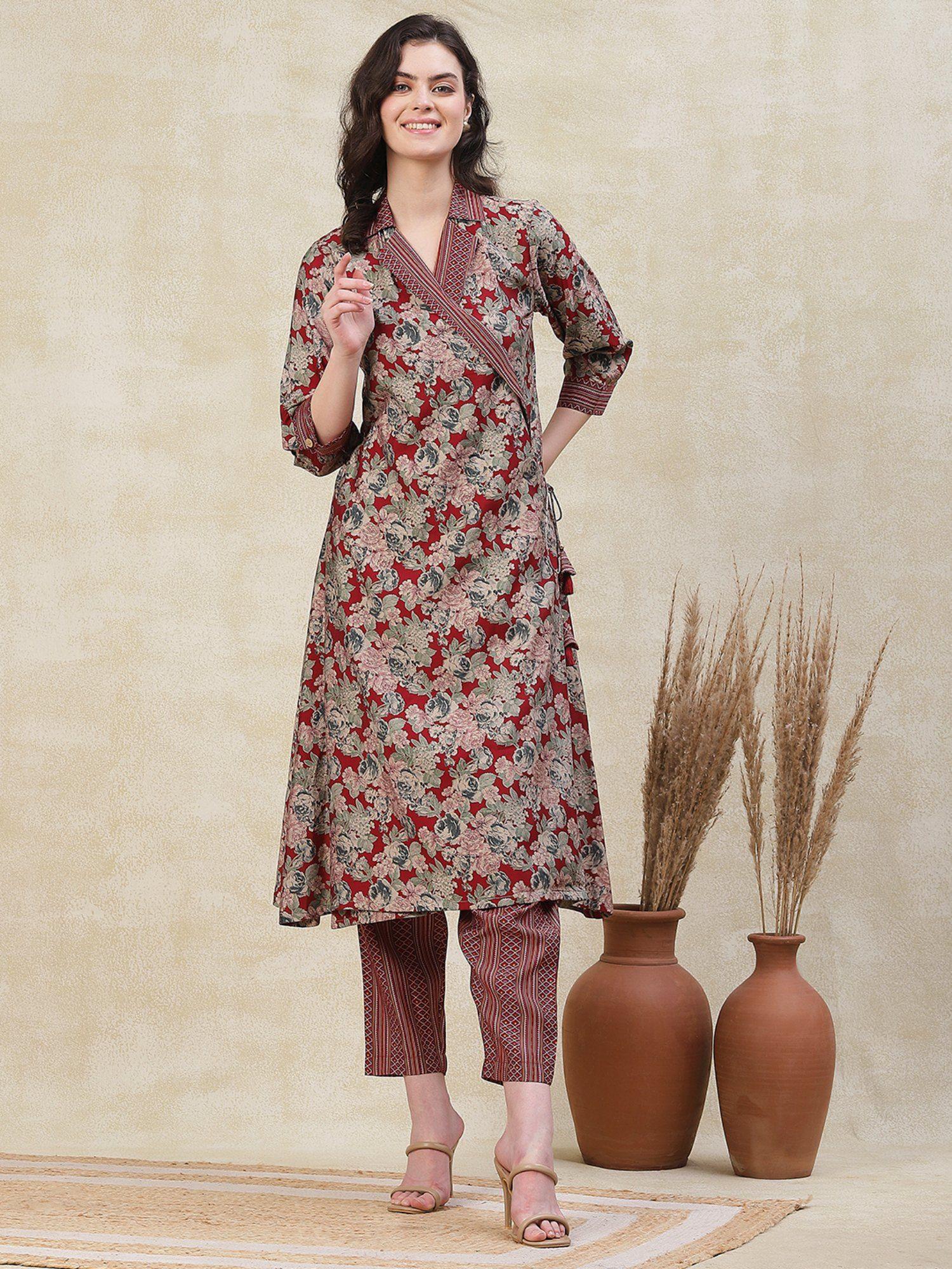 floral & foil printed angarkha kurta with pant - maroon (set of 2)