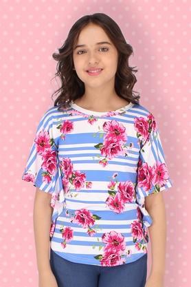 floral & stripes cotton knit round neck girls tops - blue