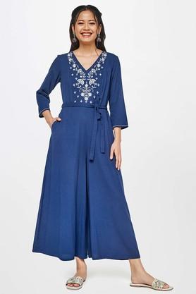 floral 3/4 sleeves cotton women's full length jumpsuit - indigo