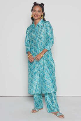 floral 3/4 sleeves polyester women's calf length set - pack of 2 - aqua