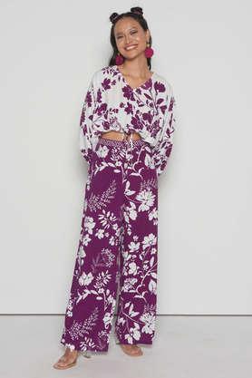 floral 3/4 sleeves polyester women's crop length set - pack of 2 - purple