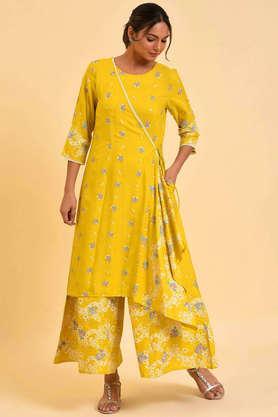 floral 3/4 sleeves viscose women's jumpsuit - yellow