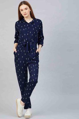 floral 3/4th sleeves rayon women's full length jumpsuit - navy
