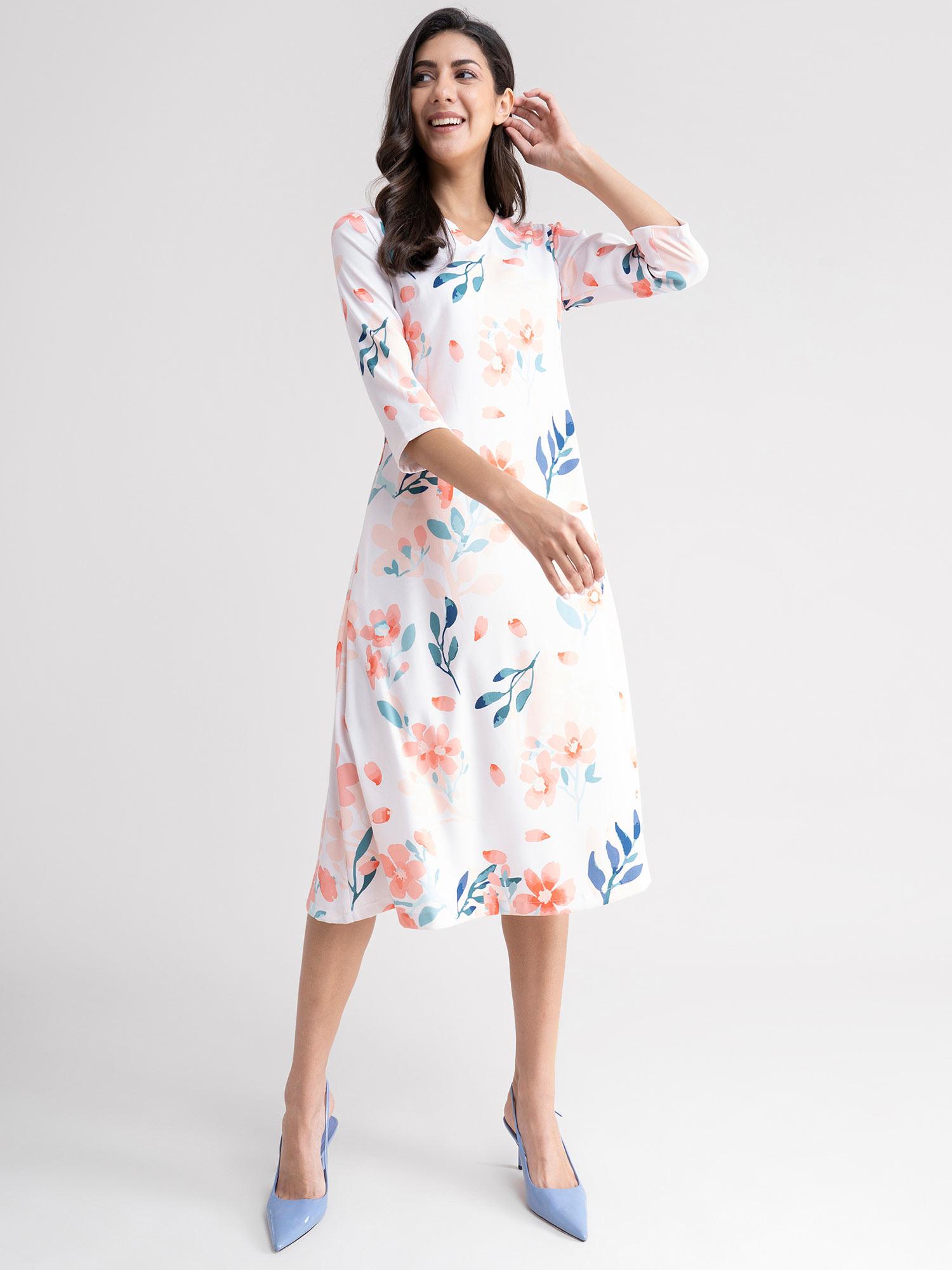 floral a line dress - white