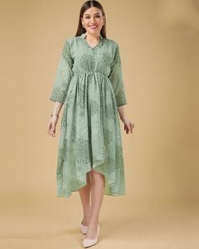 floral a-line dress with elbow-length sleeves