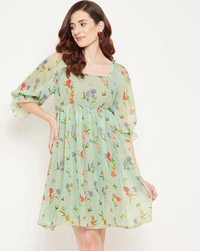 floral a-line dress with puff sleeves