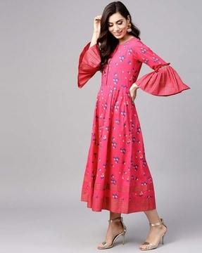 floral a-line dress with round neck