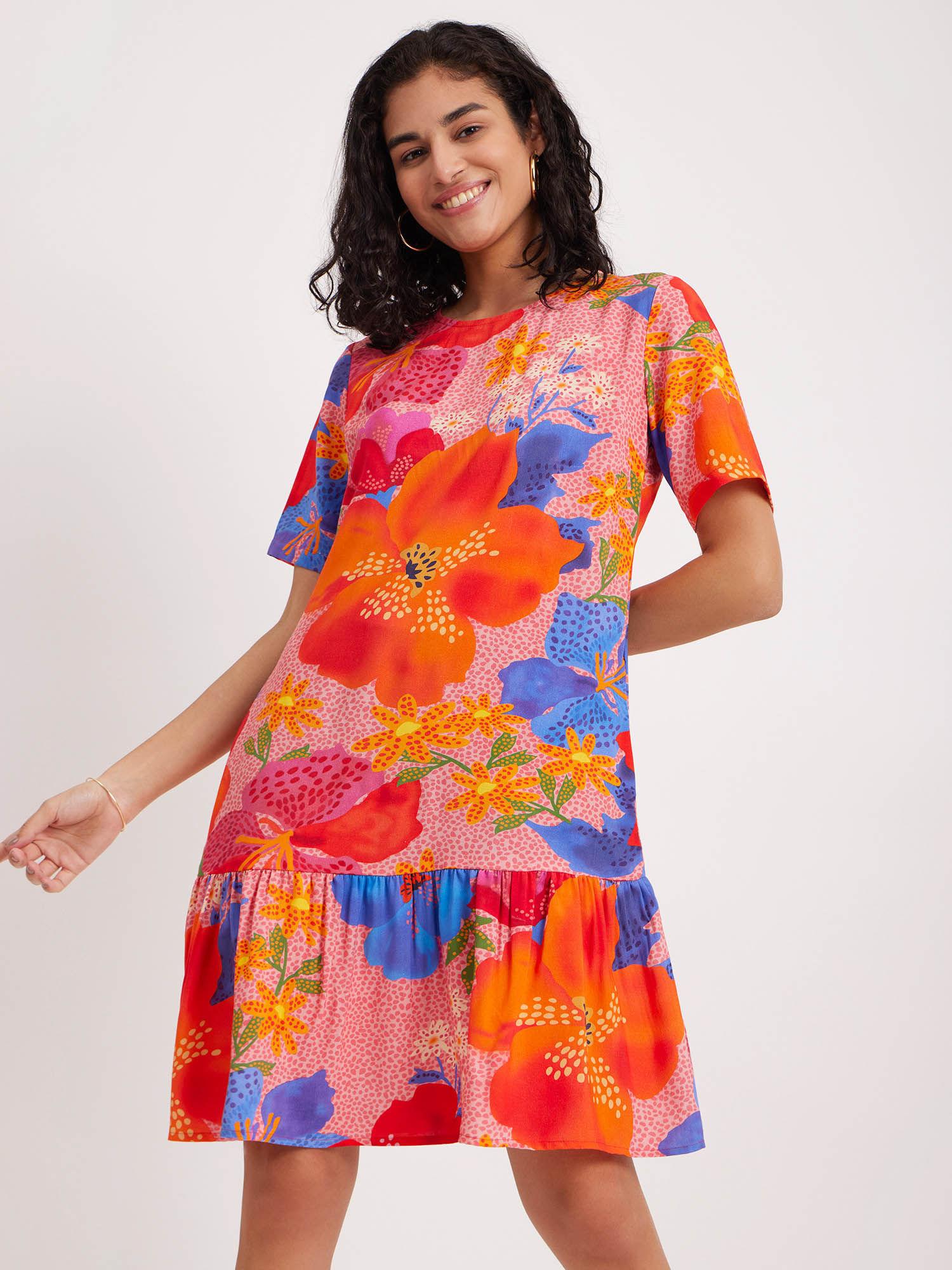 floral a-line tiered dress multi-color