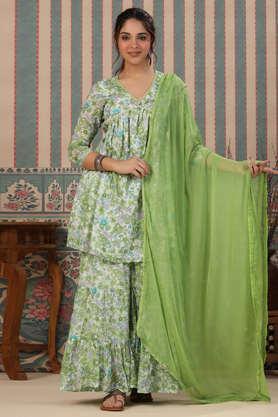 floral above knee cotton women's kurta set - green