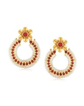 floral alloy festive wear gold plated synthetic stone & pearl chandbali earrings