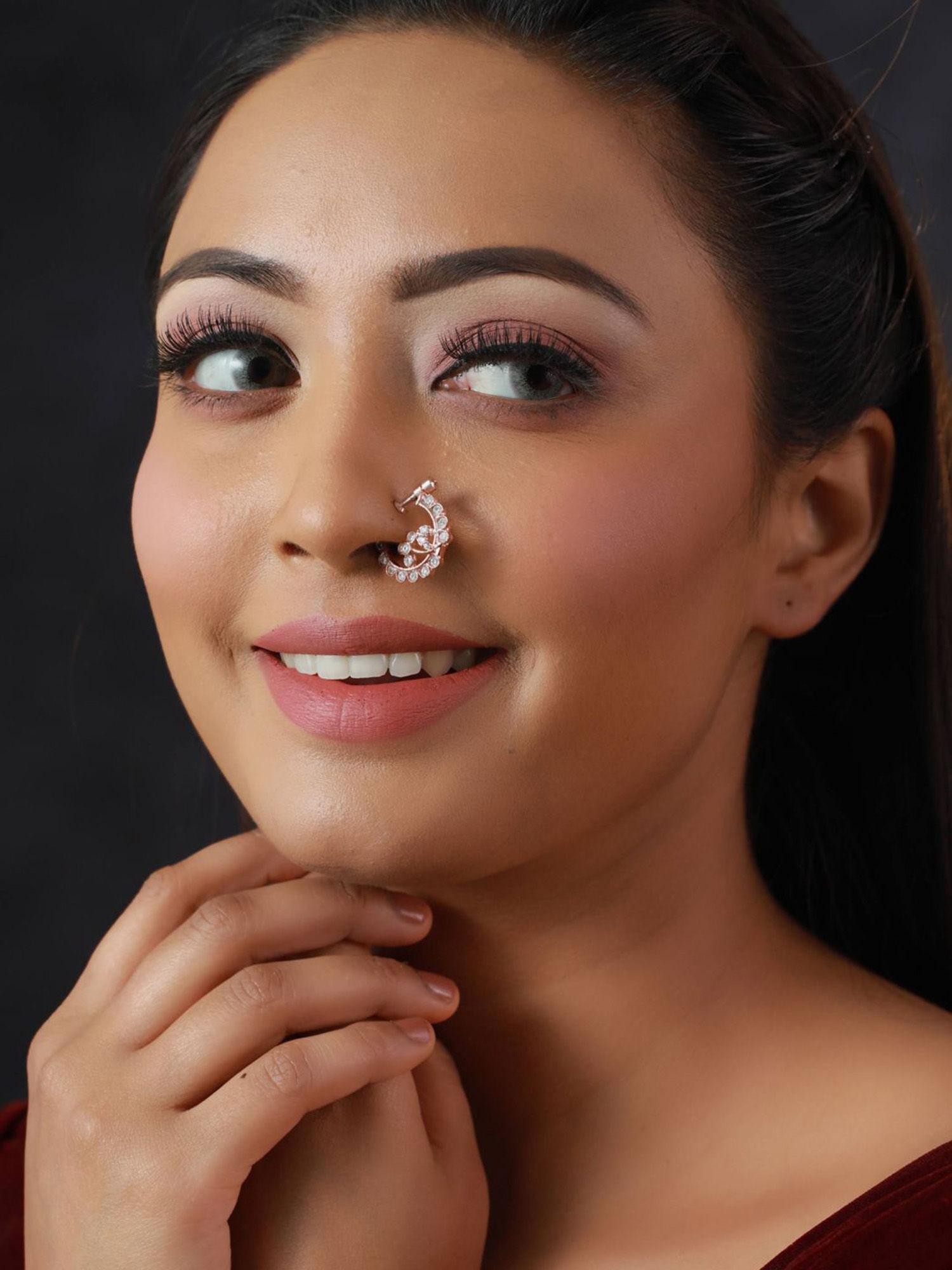 floral american diamond rose gold plated nose ring