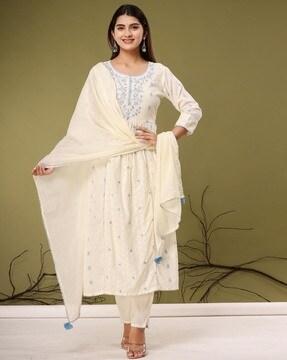 floral anarkali kurta pants set with dupatta