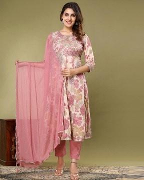 floral anarkali kurta pants set with dupatta