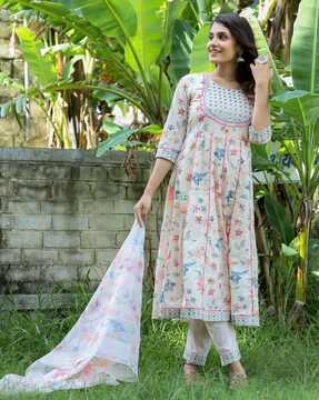 floral anarkali kurta pants set with dupatta