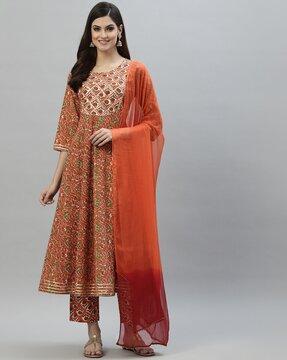 floral anarkali kurta with pant & dupatta set