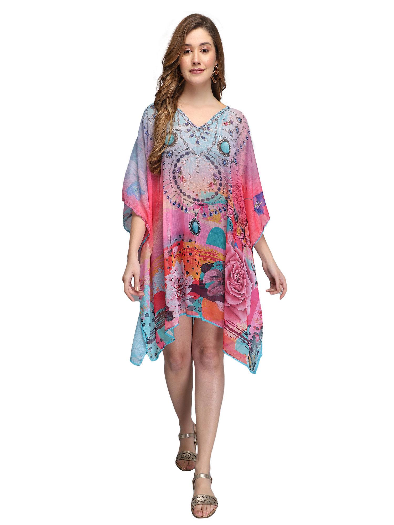 floral and abstract print multicolor polyester kaftan