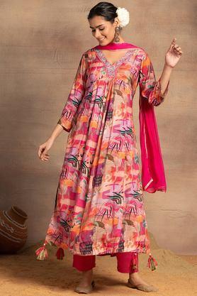 floral ankle length muslin woven women's kurta set - pink