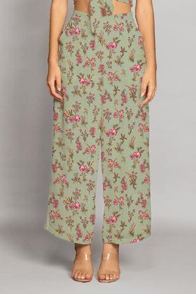floral ankle length polyester women's palazzos - green