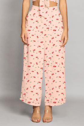 floral ankle length polyester women's palazzos - pink