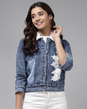 floral applique denim jacket with flap pockets