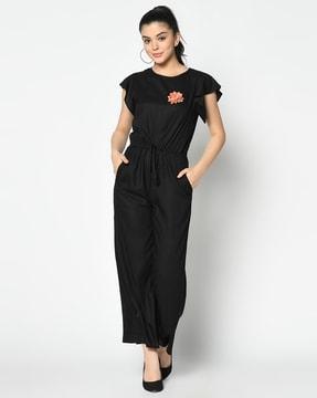 floral applique jumpsuit with insert-pockets
