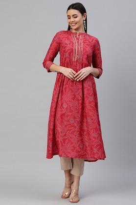 floral art silk mandarin women's flared kurta - pink