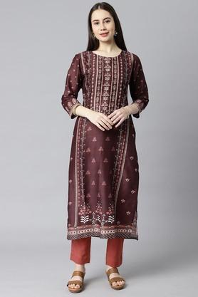 floral art silk round neck womens kurta - maroon