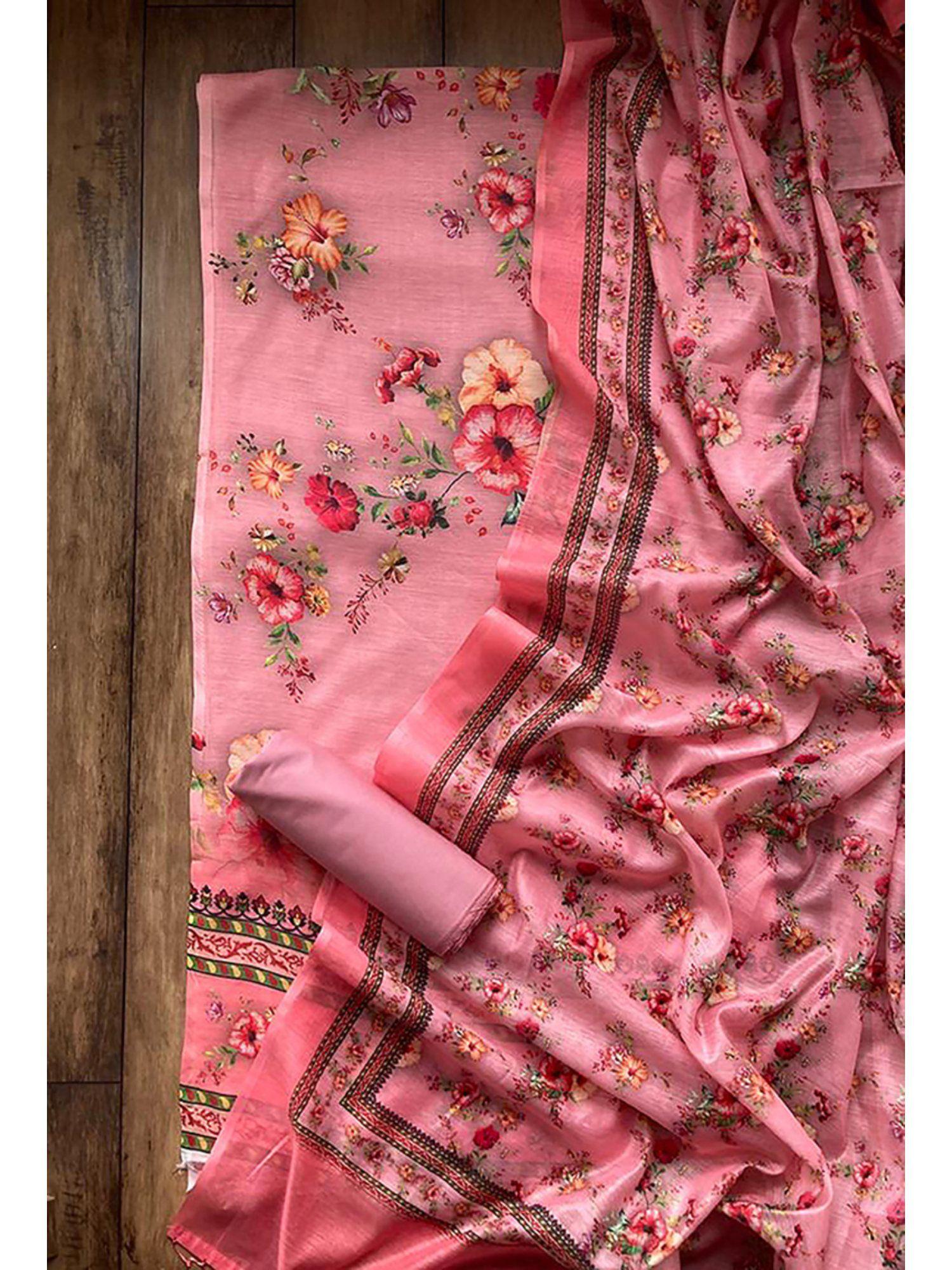 floral baby pink unstitched dress material (set of 3)