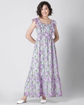 floral back cut-out tiered maxi dress