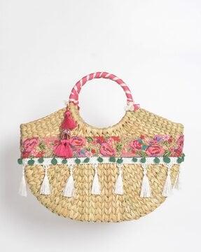 floral basket woven cane moon handbag