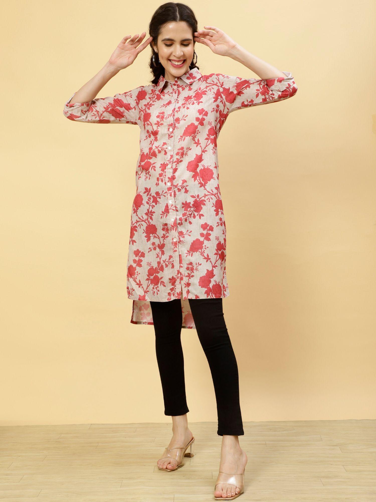 floral beige collared kurta