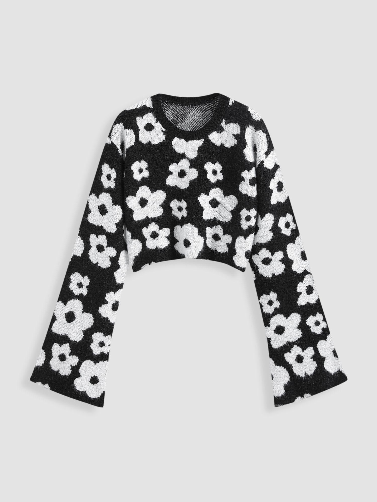 floral bell sleeve knitted crop top