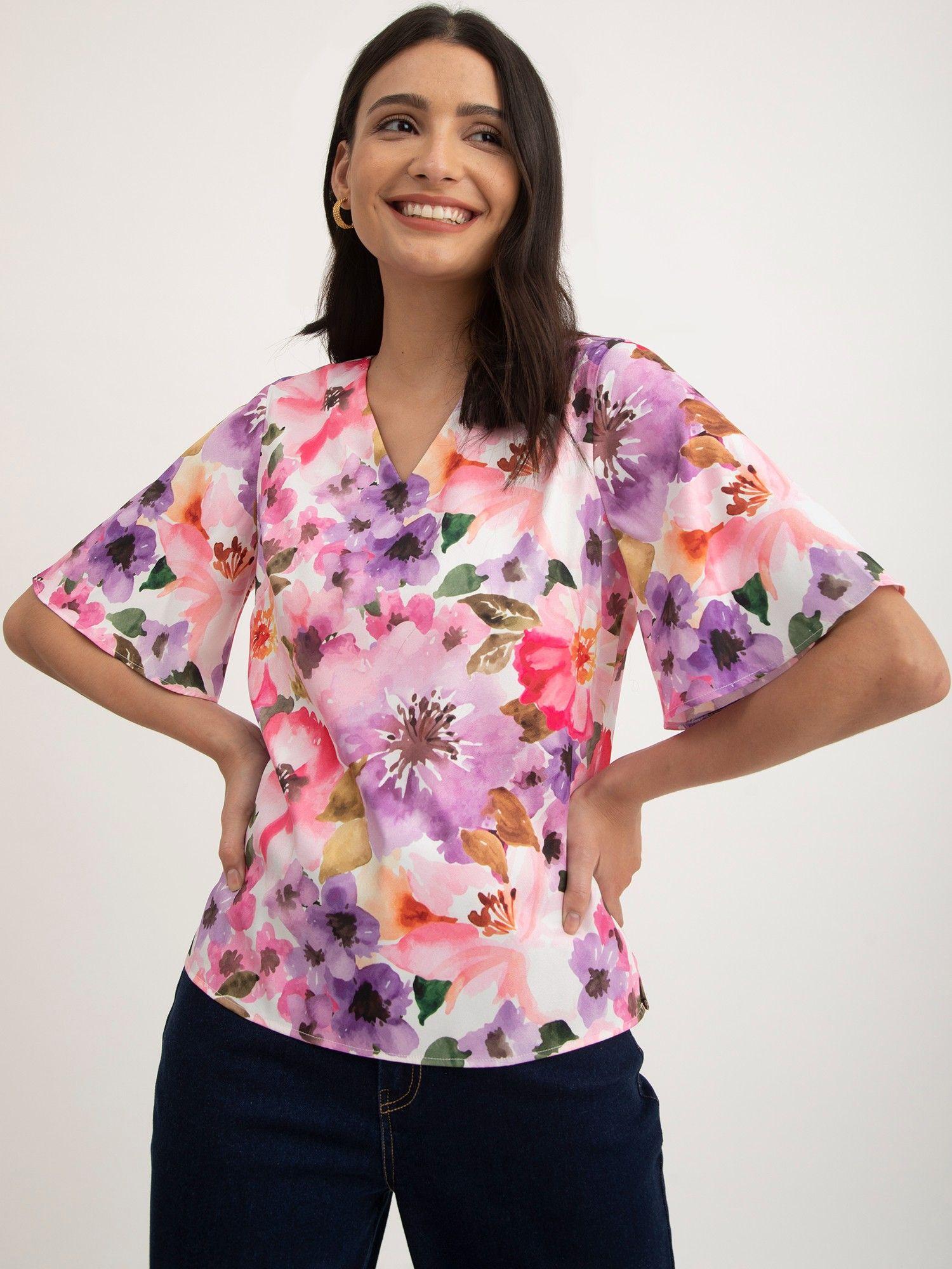 floral bell sleeves top - multi color