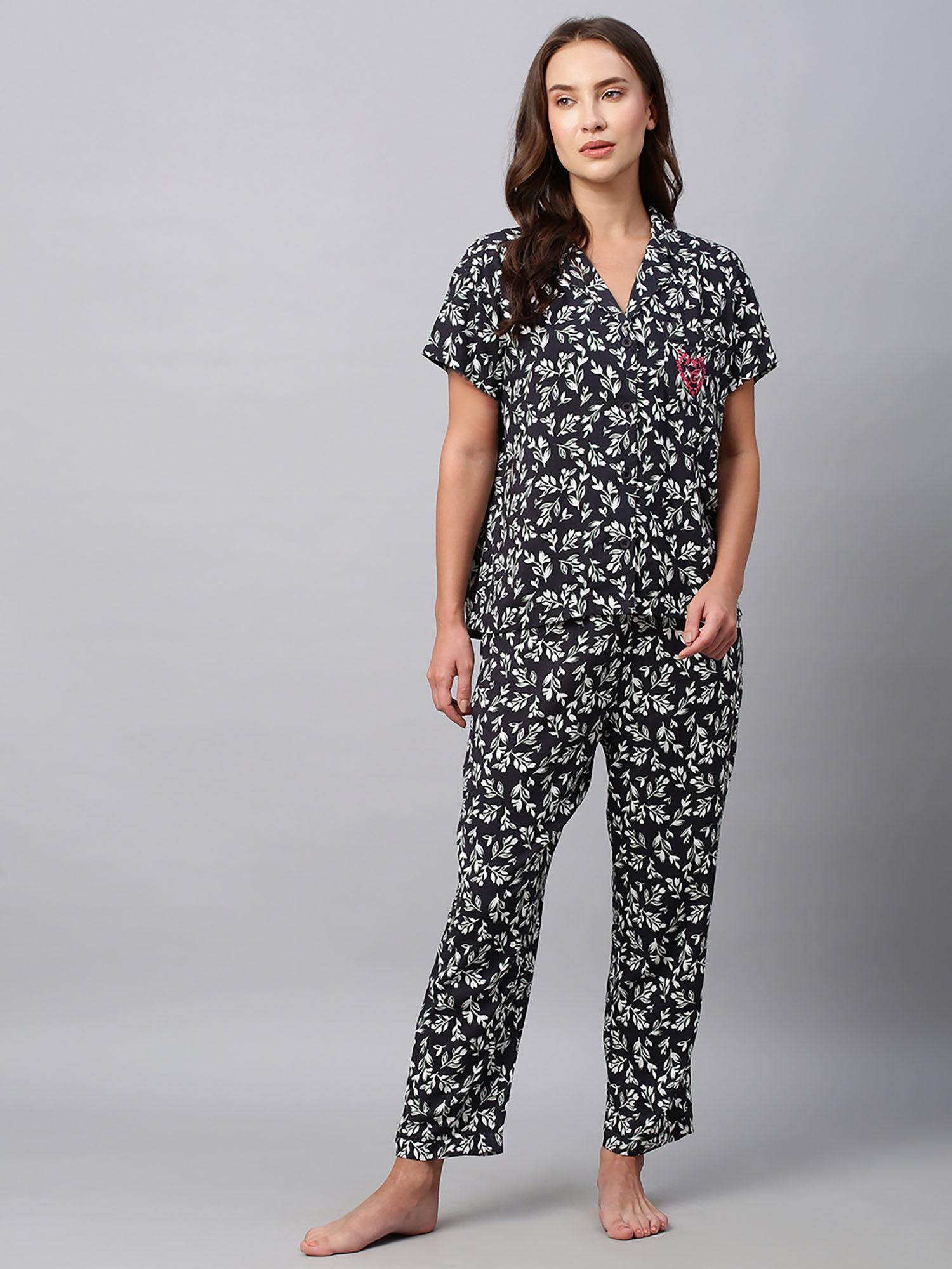 floral black printed rayon night suit pyjama & shirt (set of 2)
