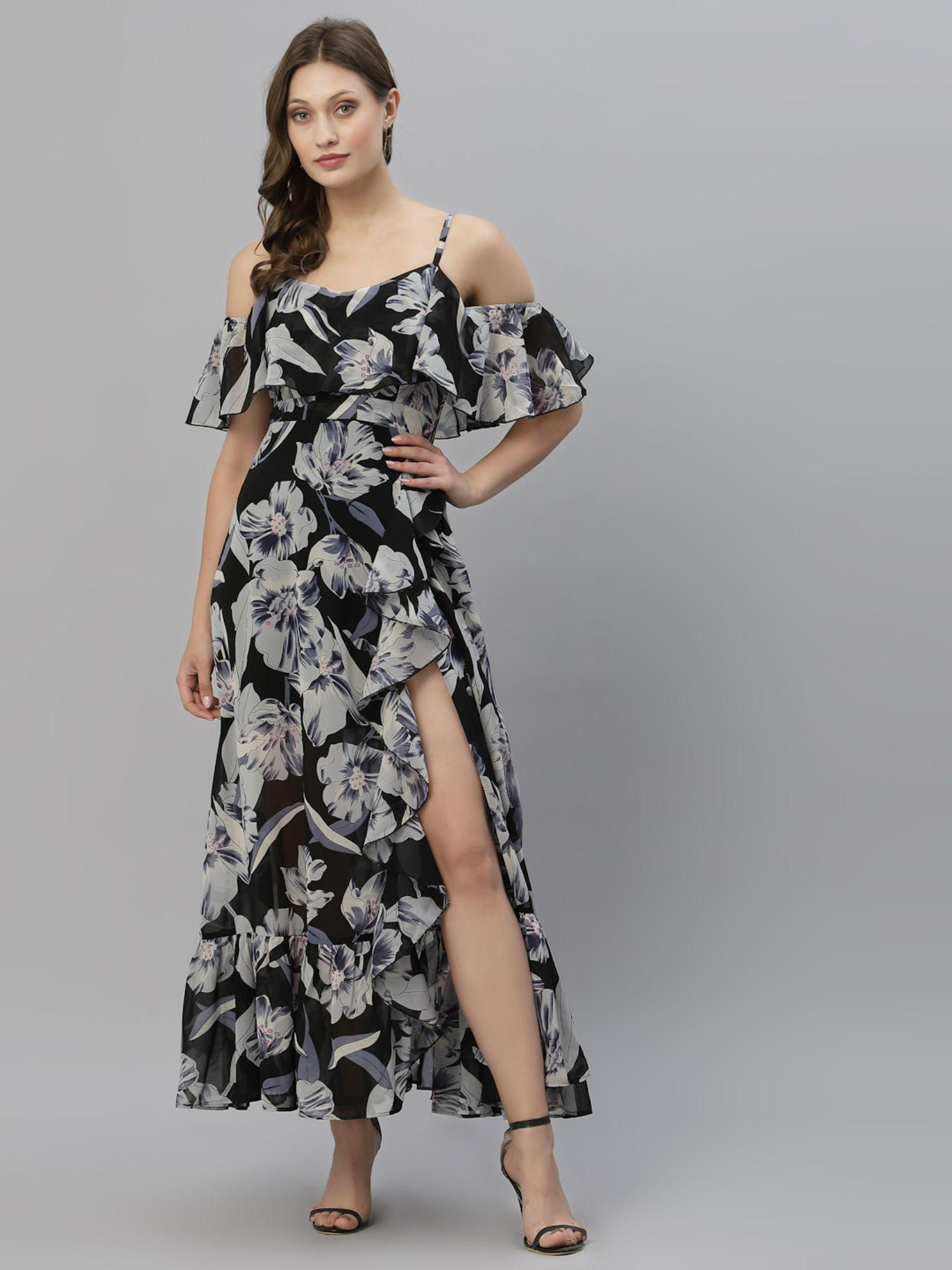 floral black ruffle dress