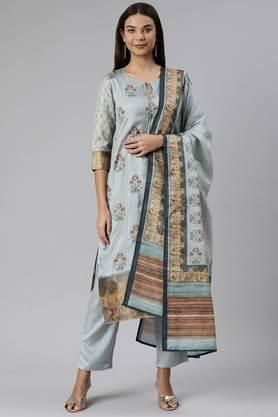 floral blended fabric v-neck women's kurta and trouser with dupatta - aqua