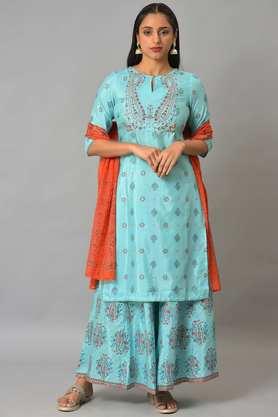 floral blended key hole neck women's kurta palazzo dupatta set - light blue