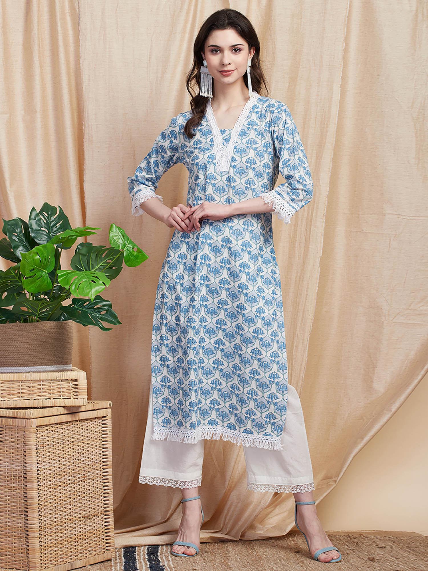 floral block printed crochet kurta - white & blue