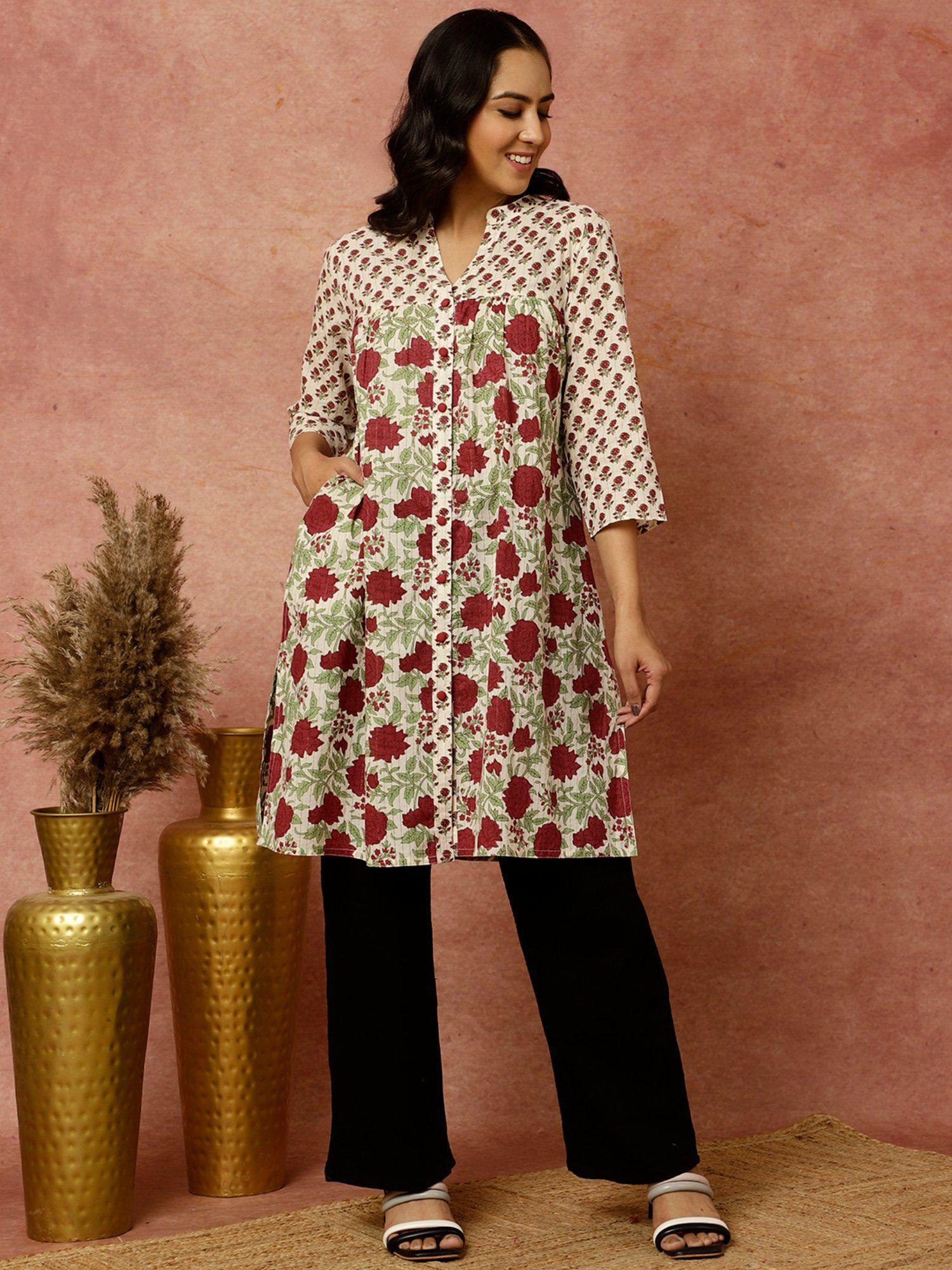 floral block printed loose fit cotton kurta