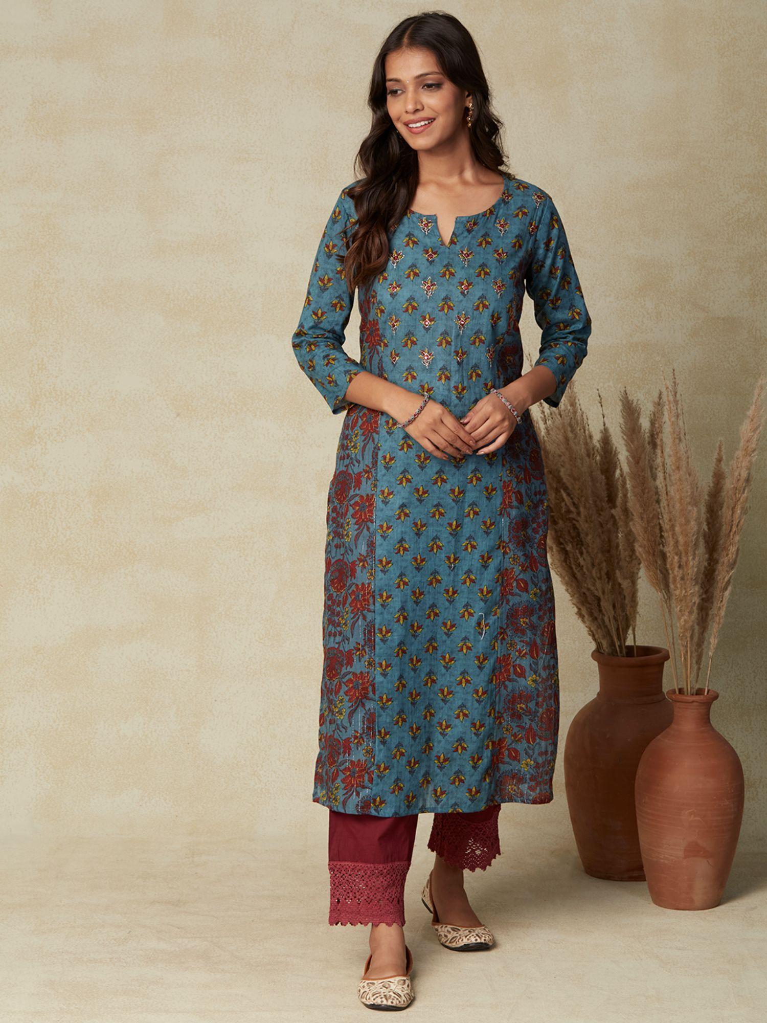 floral block printed mirror & zari embroidered panelled kurta - blue