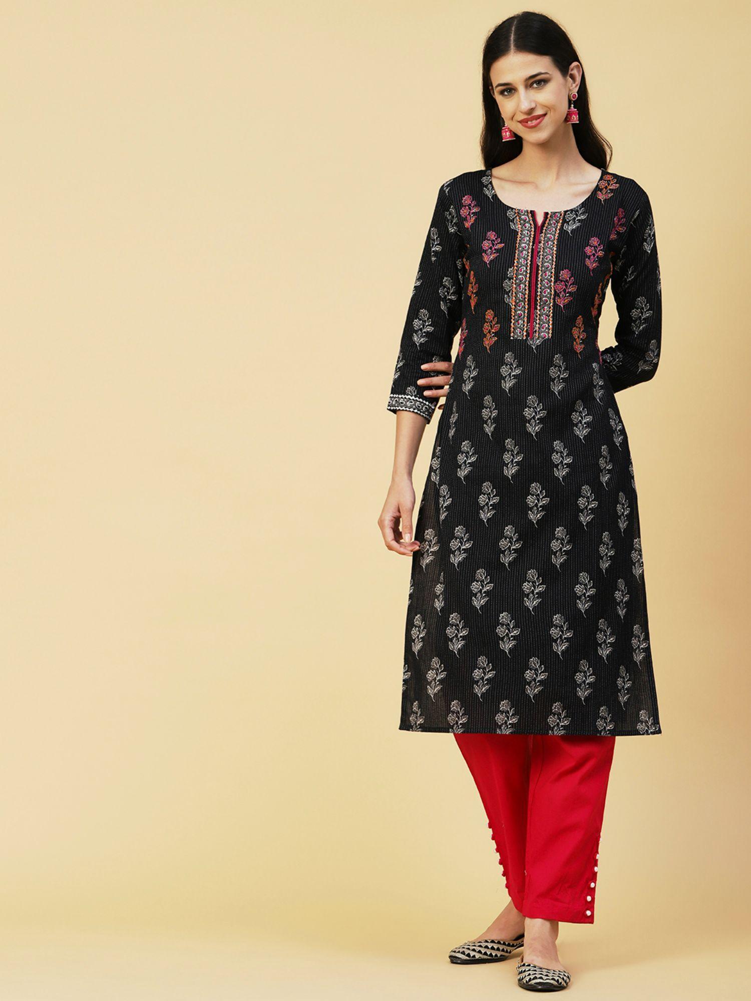 floral block printed woven striped kantha embroidered kurta-black