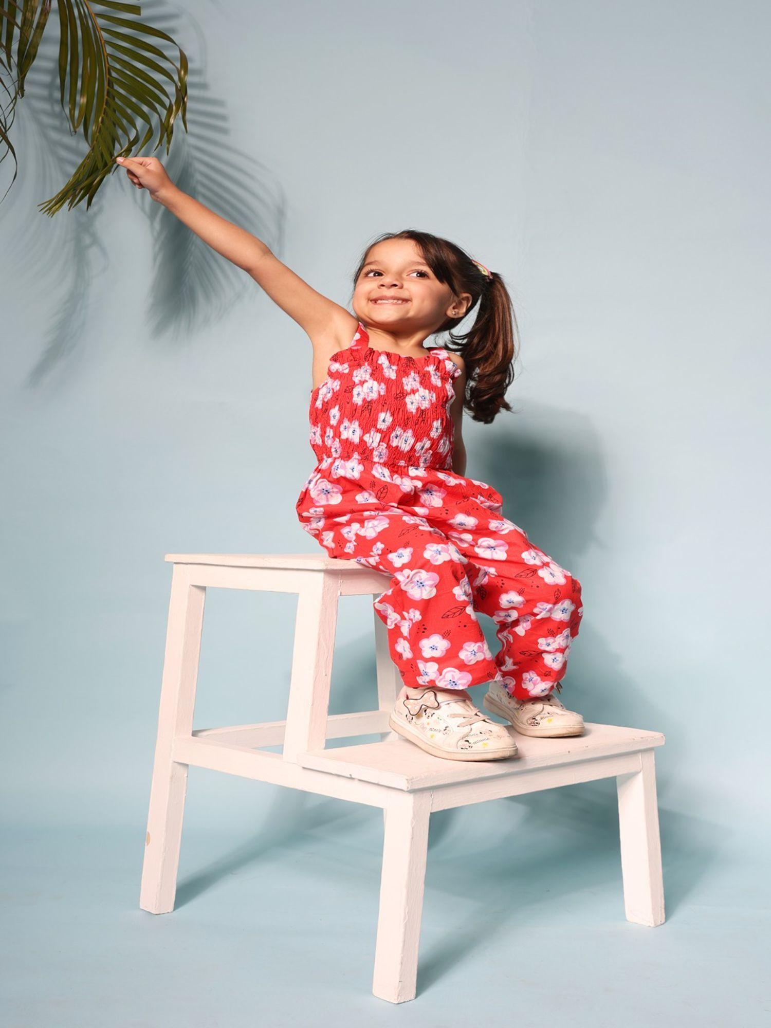 floral bloom girls jumpsuit red