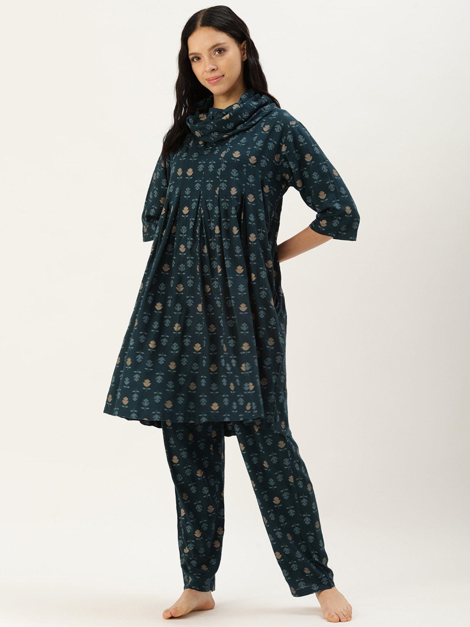 floral blue kurti and pyjama (set of 2)