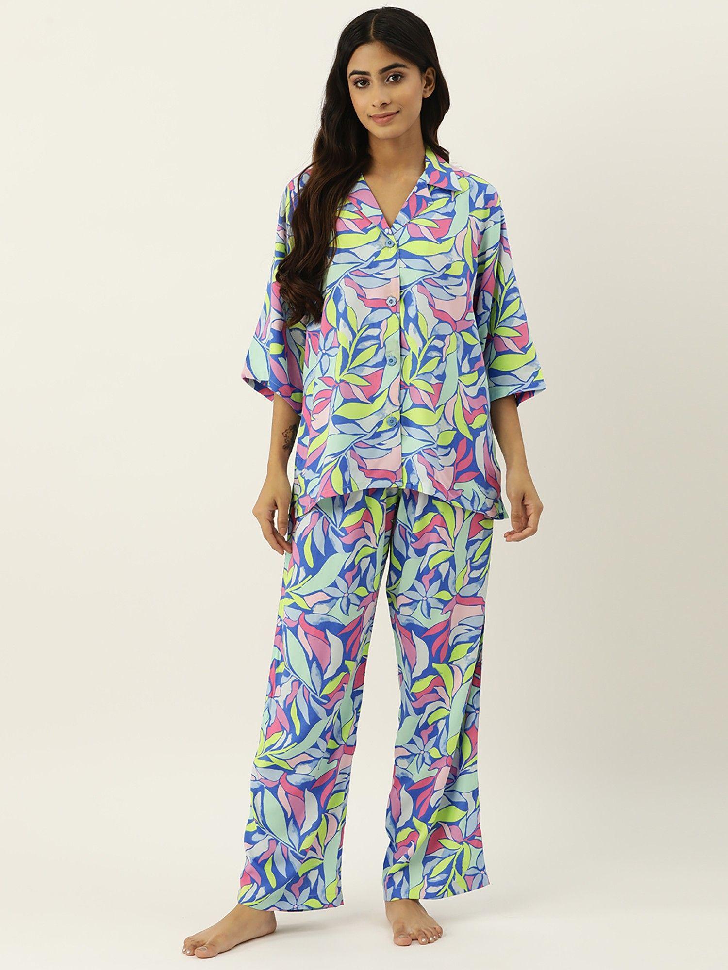 floral blue night suit for women (set of 2)