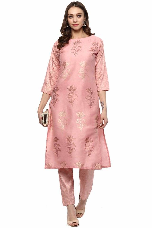 floral boat neck polyester womens ethnic set